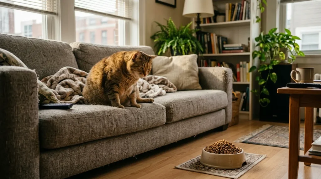 why indoor cats need feeding structure — overweight cat on sofa staring at always-full food bowl in apartment living room