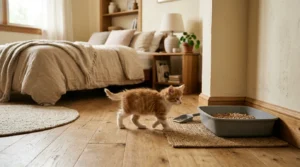 kitten litter box bedroom access — small kitten walking confidently toward a litter box placed in a nearby bedroom corner