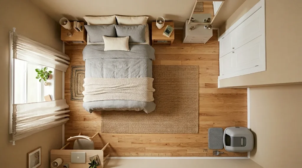  bedroom litter box distance rule — floor plan view of small apartment bedroom showing six-foot minimum distance between litter box and bed headboard