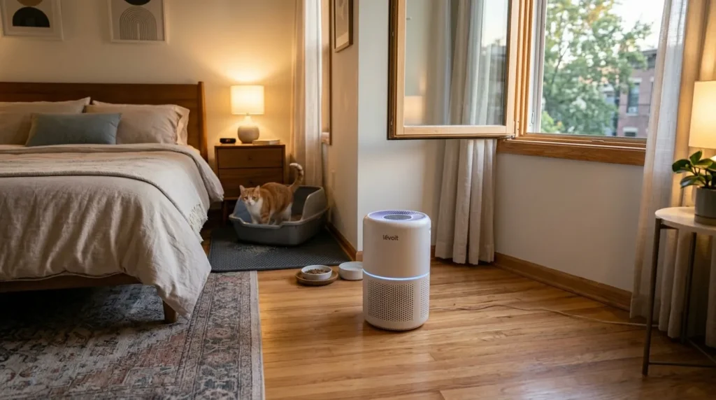 bedroom litter box setup conditions — four-element bedroom scene showing correct distance from bed air purifier open window and clean open box