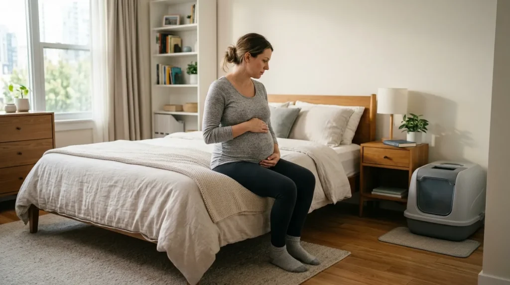 bedroom litter box health risks — pregnant woman looking thoughtfully at a litter box in the bedroom corner showing Toxoplasmosis concern