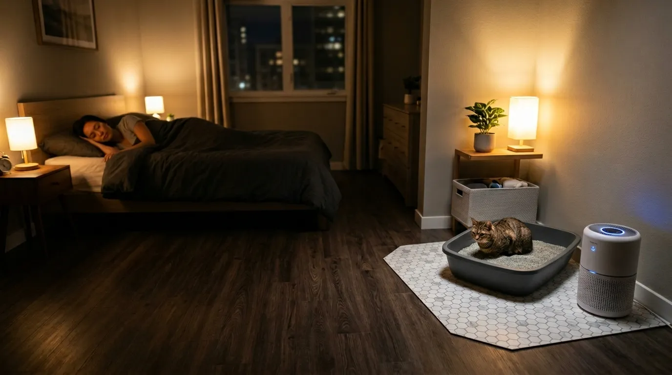 can you put litter box in bedroom — clean open litter box positioned in a far bedroom corner with a cat using it and owner sleeping peacefully in soft background light