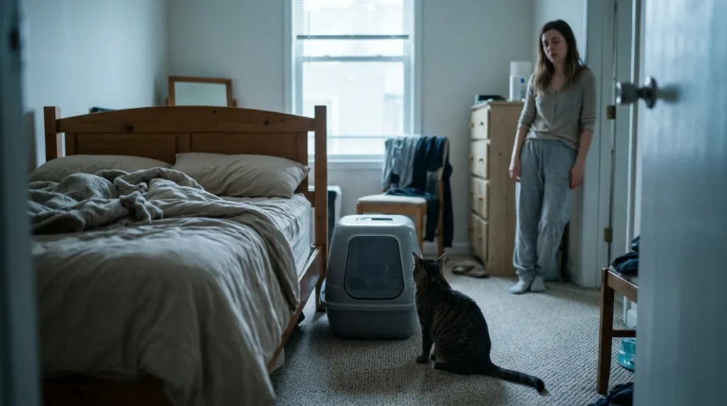 bedroom litter box placement mistakes — covered litter box positioned directly beside the bed headboard with no purifier showing two setup errors at once