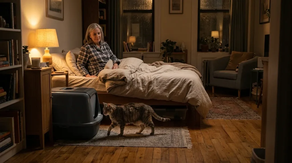 bedroom litter box right situations — senior cat owner in a small studio apartment with a correctly positioned litter box near the sleeping area for easy nighttime access