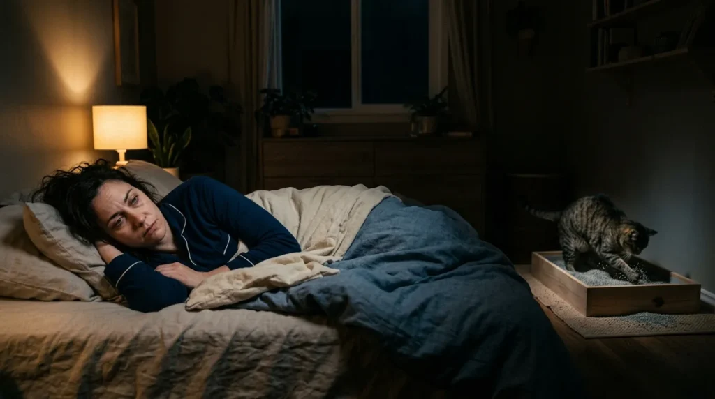 litter box in bedroom sleep impact — owner lying awake at night disturbed by cat digging sounds from litter box in the bedroom corner