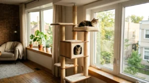 cat tree two cats small apartment — two cats on different levels of tall slim cat tree next to sunny apartment window
