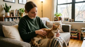 checking indoor cat body condition free feeding — owner feeling along cat ribs in apartment living room to assess weight