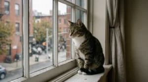 indoor cat stress and boredom — cat staring out closed window with no enrichment in sight