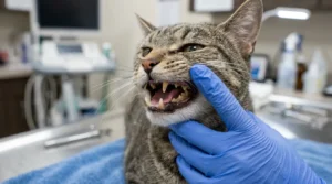 dental disease in indoor cats — vet examining cat's teeth showing tartar buildup