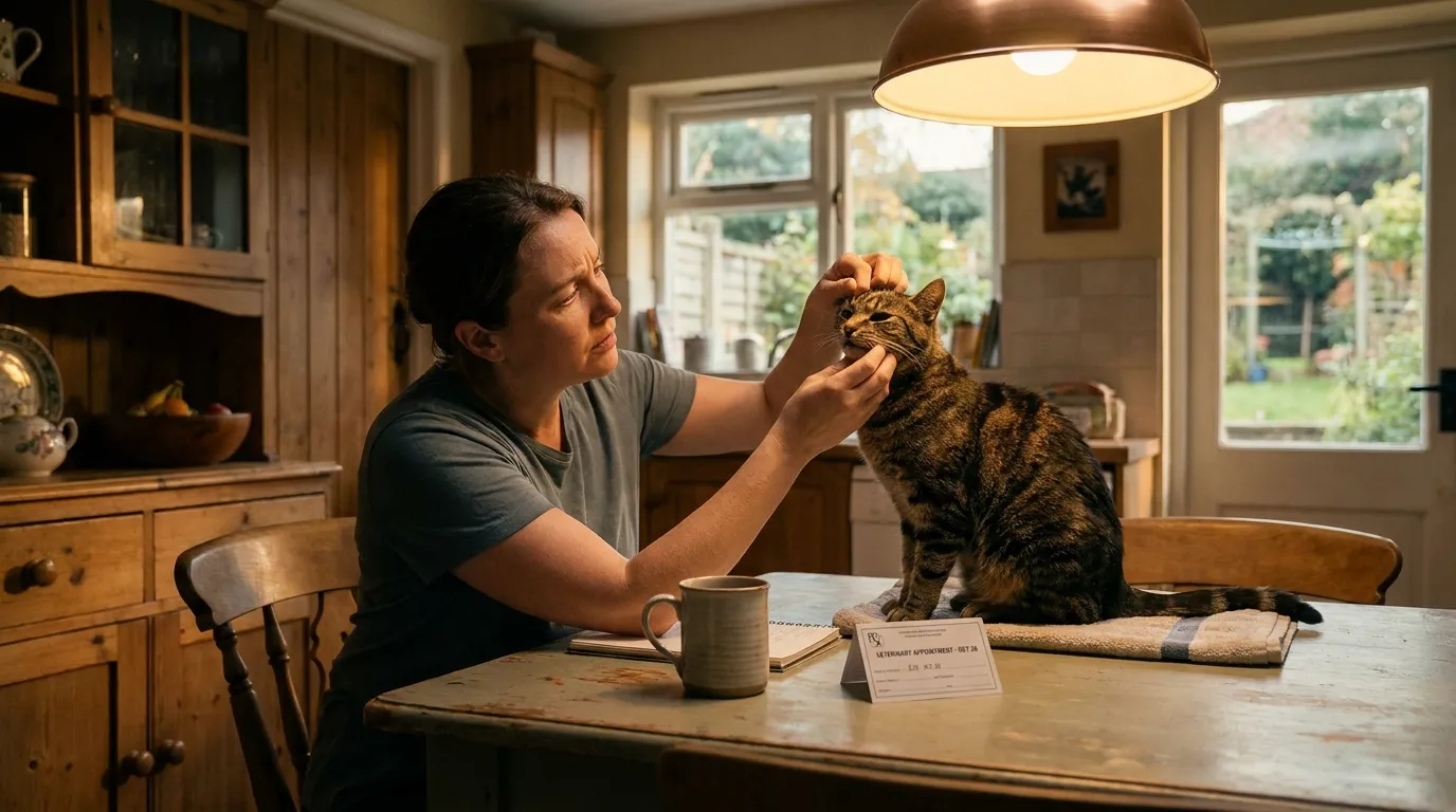 common health problems in indoor cats — owner examining cat's mouth and teeth at home