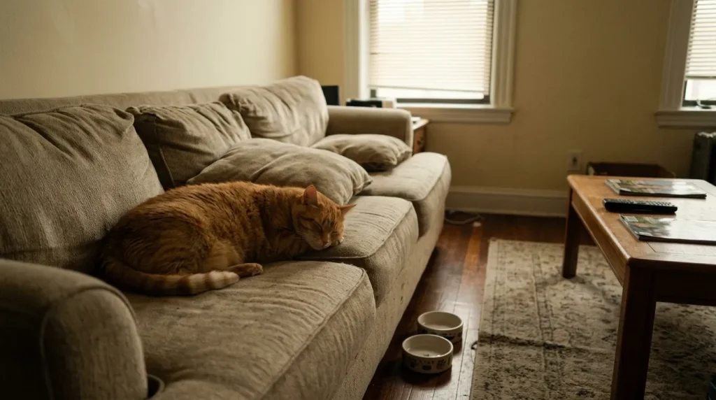 indoor cat lifestyle risks — overweight orange cat lying on couch with empty food bowls nearby