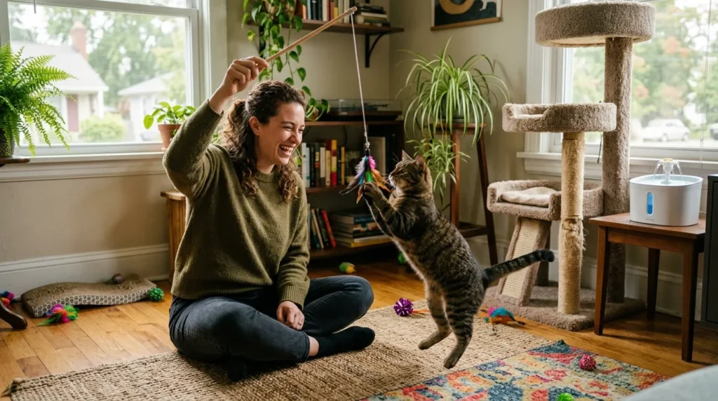  preventing common health problems in indoor cats — owner playing with cat near water fountain and cat tree