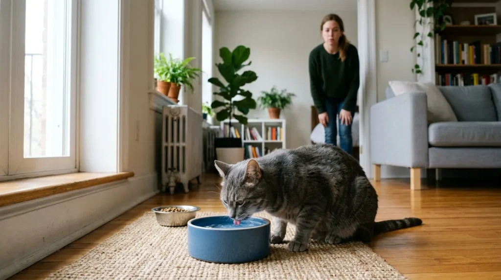 indoor cat illness symptoms — gray cat drinking excessive water while owner watches