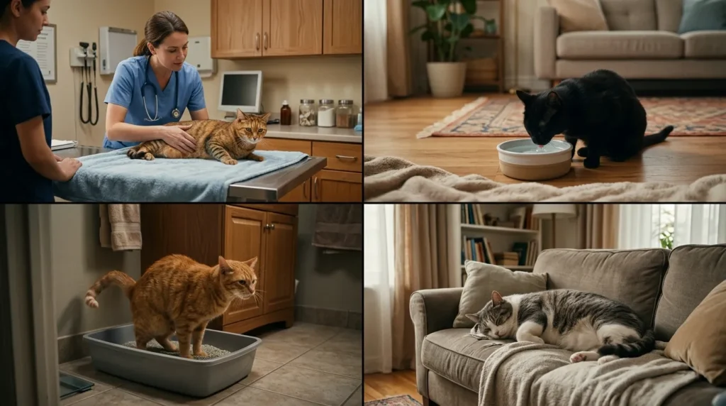 most common health problems in indoor cats — multiple health scenarios shown in apartment settings