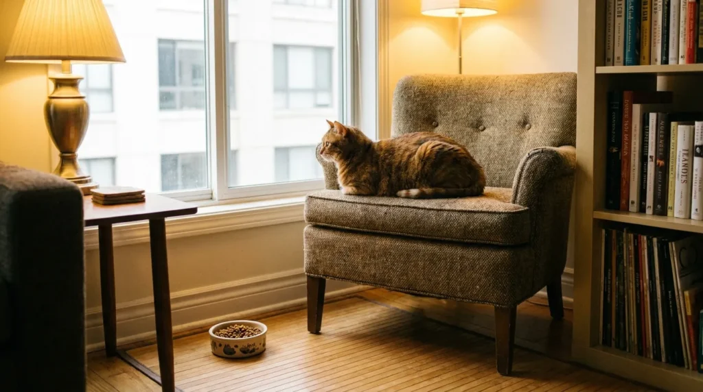why indoor cats still get sick — tabby cat on couch with rounded belly in quiet apartment