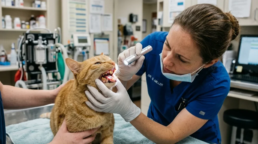 dental disease indoor cat weight loss — vet examining cat's teeth and gums with dental light at clinic