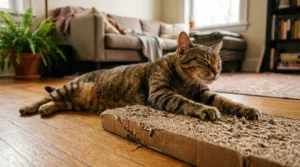 cat horizontal scratcher preference — cat using flat cardboard scratcher on apartment floor with visible scratch marks