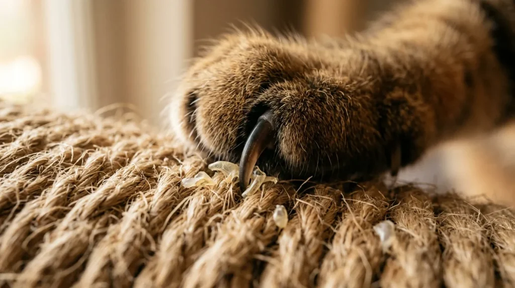 do cats need a scratching post claw health — extreme close up of cat claws shedding nail sheaths on sisal surface