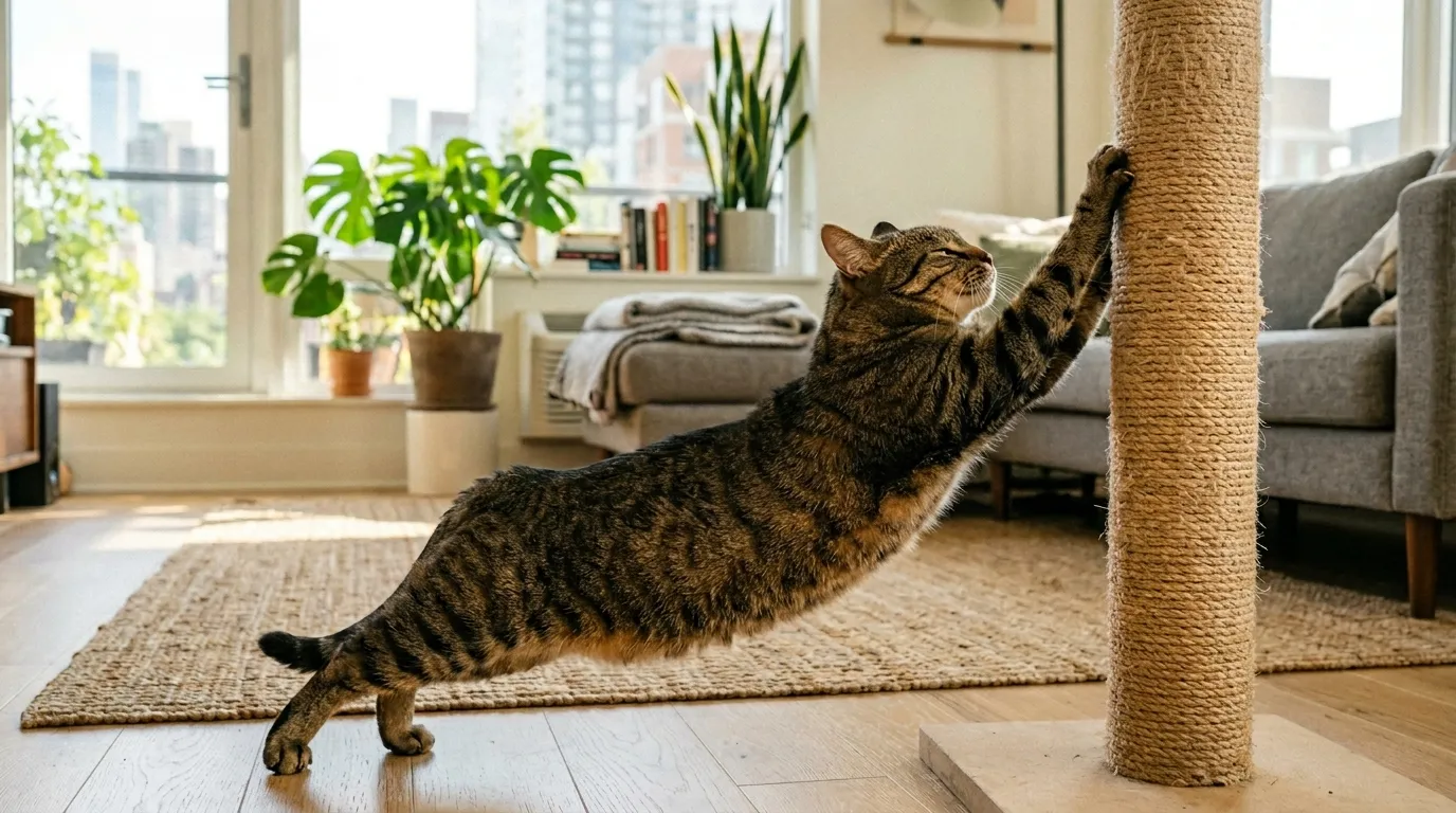 do cats need a scratching post — tabby cat fully extended stretching against tall sisal post in modern apartment