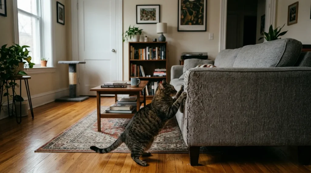  cat scratching post mistake wrong placement — unused short post in back corner while cat scratches sofa in main apartment room