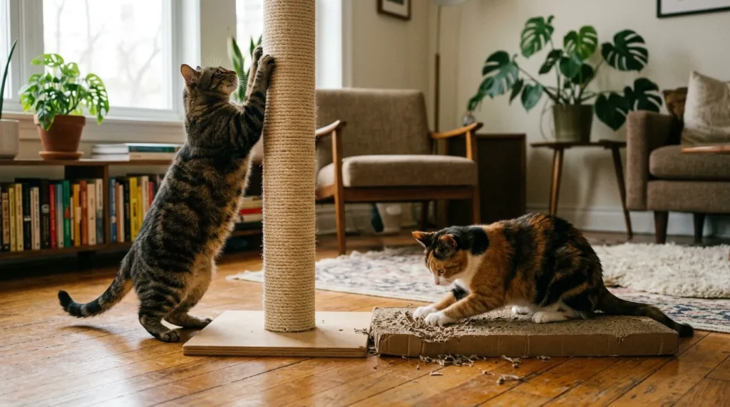 cat scratch personality types — one cat using vertical sisal post and another using horizontal cardboard scratcher in apartment