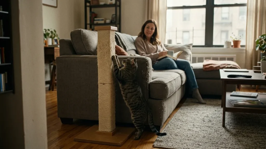 cat scratching post placement social significance — cat using post next to sofa in apartment living room with owner nearby