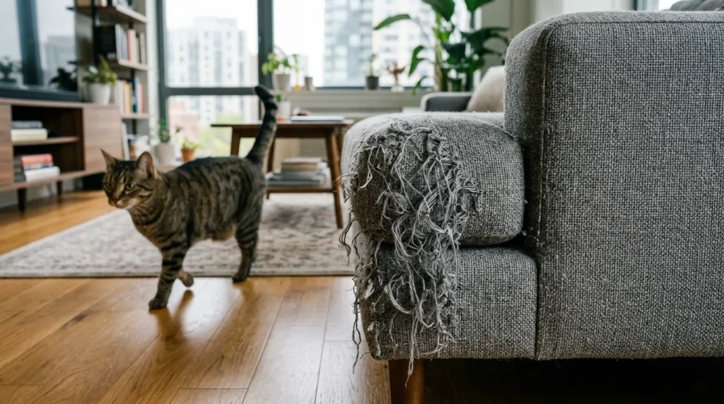 cats scratch furniture without post — shredded corner of gray sofa in apartment showing cat claw damage