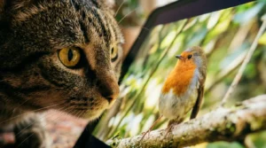 cats watching bird footage on TV — cat's face close to a tablet screen showing a close-up bird in the same frame demonstrating the proximity cats seek when engaged