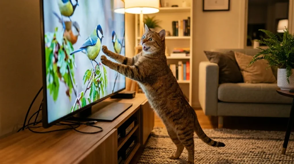 cats watching TV content type — cat reaching up to touch a TV screen showing birds at a feeder with both paws up against the glass communicating prey drive activation