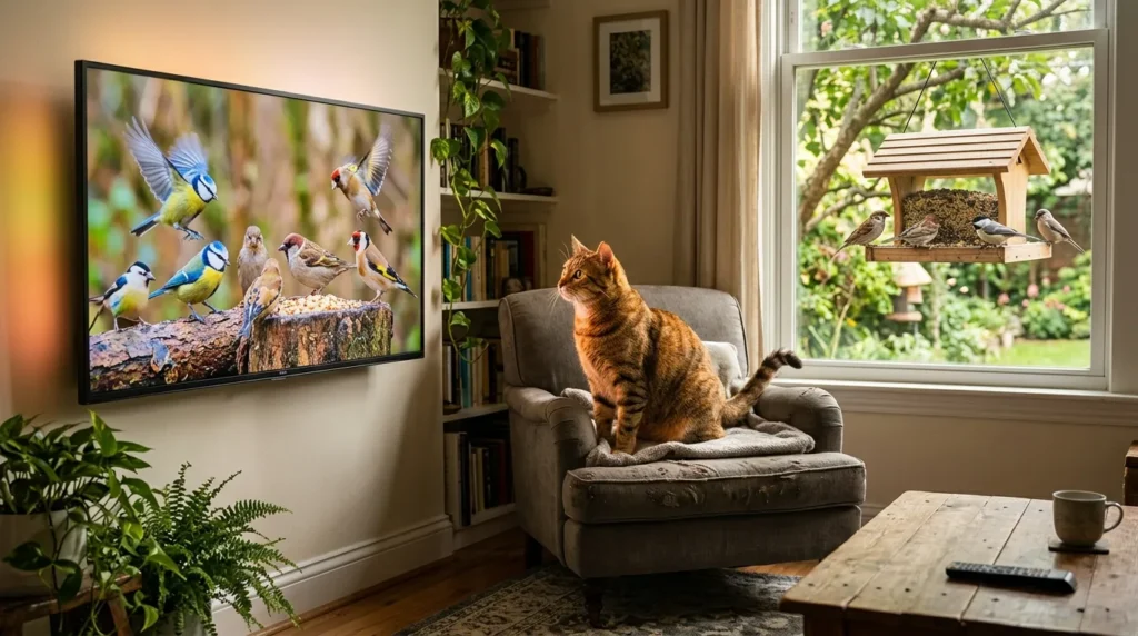 using TV as cat enrichment — cat watching bird footage on TV while sitting beside a window perch showing how screen and window enrichment work together
