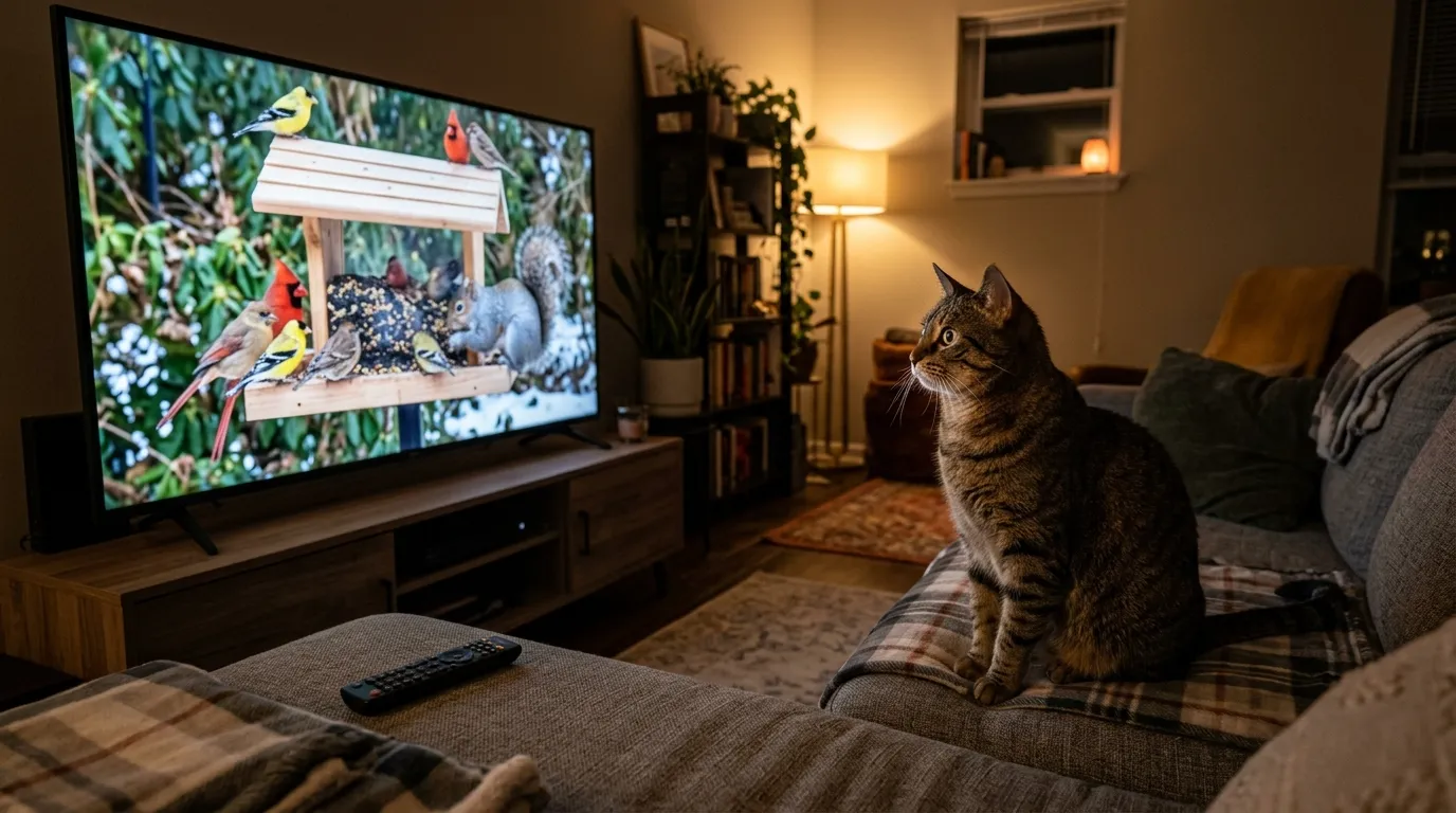do cats watch TV — cat perched on a couch watching a large flat screen showing birds and squirrels with fully dilated pupils and forward ears showing genuine engagement