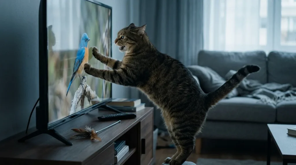cat TV mistake — cat aggressively pawing at a TV screen showing signs of frustration from too-long viewing sessions without resolution