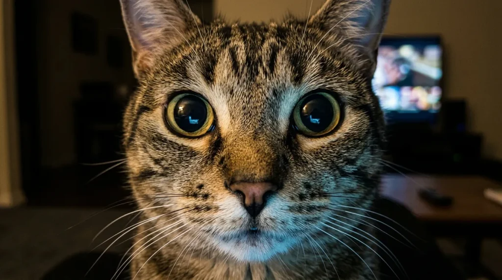 do cats watch TV vision — close-up of a cat's eyes with fully dilated pupils reflecting a TV screen showing bird footage demonstrating feline visual engagement