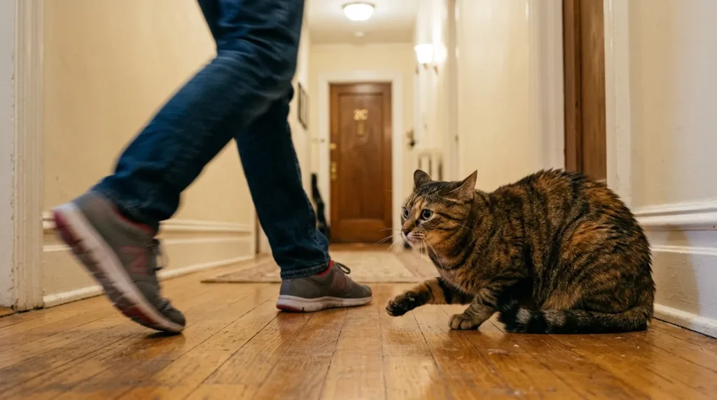  indoor cat boredom aggression — cat crouching and swatting at owner's leg in apartment hallway
