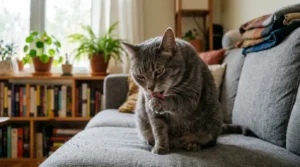 bored indoor cat grooming behavior — gray cat licking paw repeatedly in a quiet apartment