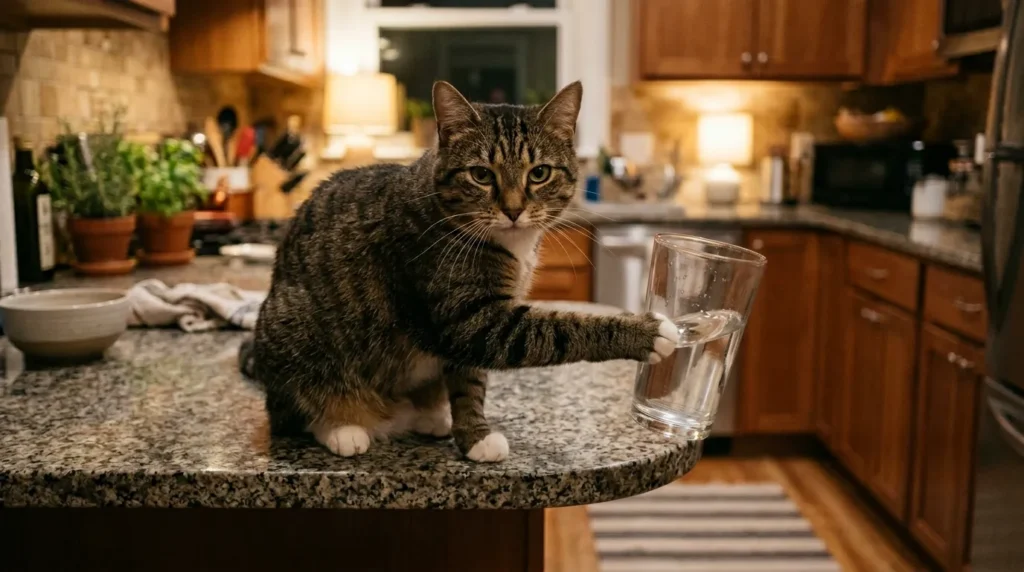 bored indoor cat behavior — cat deliberately pushing a glass off a kitchen counter while looking at owner