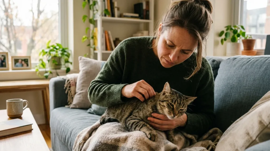 indoor cat boredom vs medical signs — owner examining cat closely at home noticing worrying symptoms