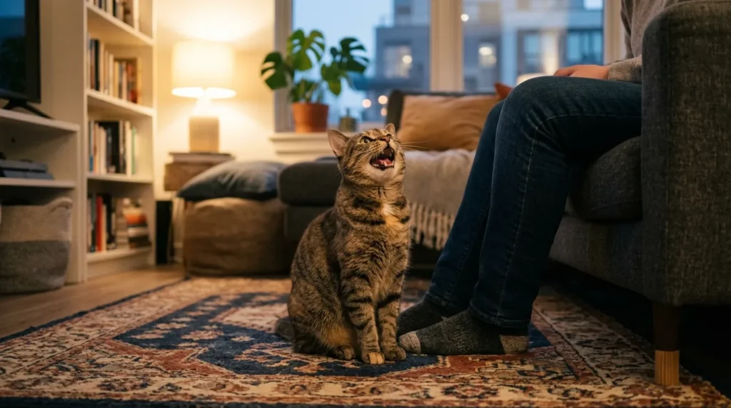 bored indoor cat excessive meowing — cat sitting at owner's feet in apartment meowing loudly