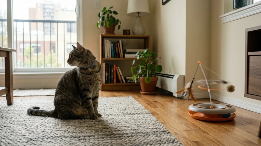 indoor cat boredom mistakes — automated toy running in corner while cat completely ignores it in apartment 