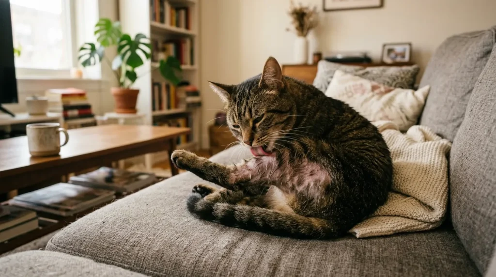 indoor cat boredom overgrooming sign — cat excessively licking its leg on a couch leaving thinning fur patch
