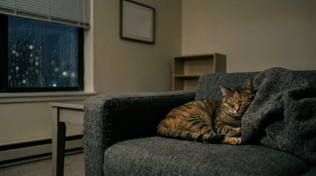  bored indoor cat sleeping too much — cat asleep on couch in the same position in a dim unstimulating apartment