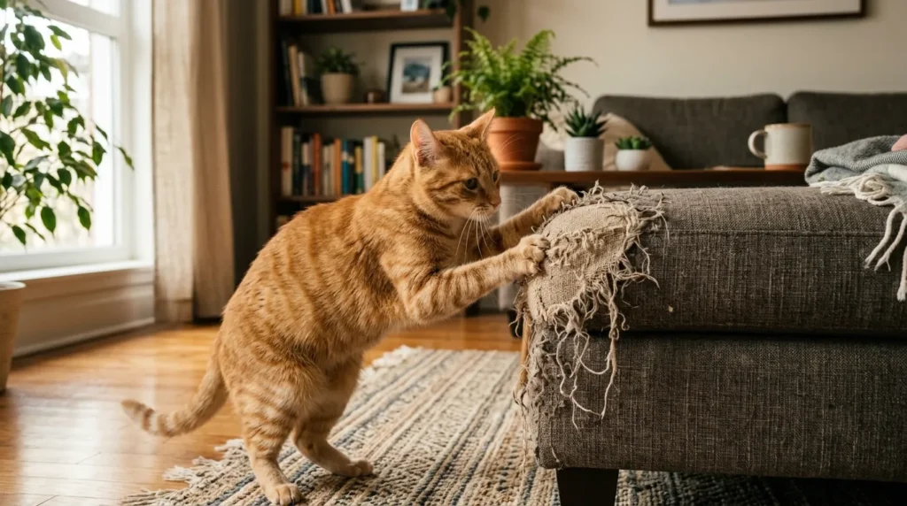  bored indoor cat scratching furniture — cat scratching the side of a couch in an apartment living room
