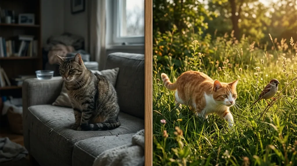 do indoor cats get bored more than outdoor cats — cat sitting by a closed apartment door looking toward it longingly