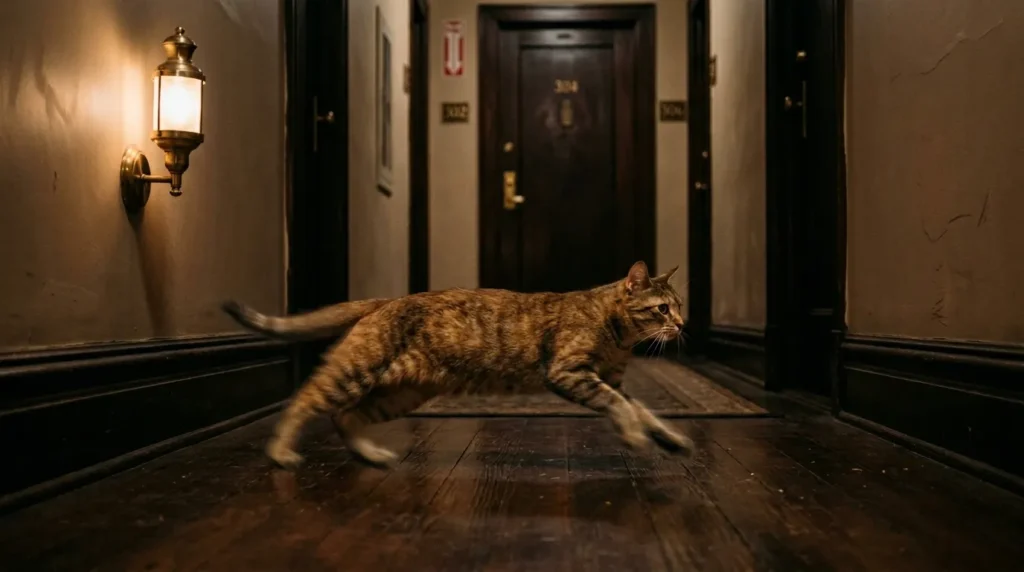 bored indoor cat zoomies at night — cat running at full speed through a dimly lit apartment hallway 
