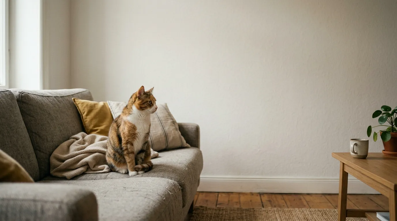 do indoor cats get bored — bored-looking cat sitting on an apartment couch staring blankly at a wall