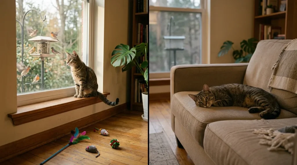 why do indoor cats get depressed causes — split image of same cat alert then flat and withdrawn after routine change in apartment