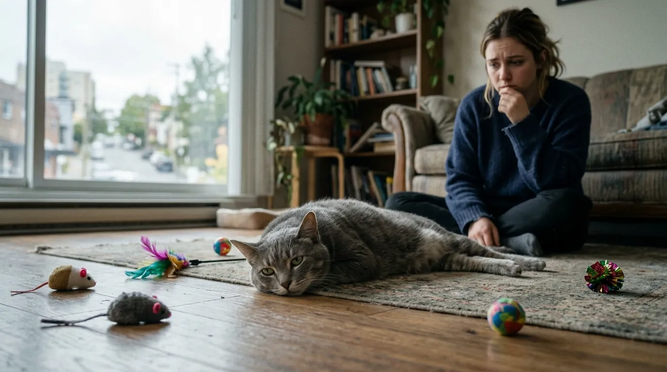 do indoor cats get depressed — gray indoor cat lying flat on apartment floor ignoring toys while worried owner watches from sofa