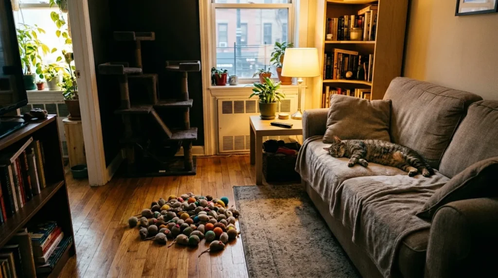 indoor cat depression mistake — cat tree in dark corner identical toys on floor and flat cat on sofa ignoring all enrichment in apartment