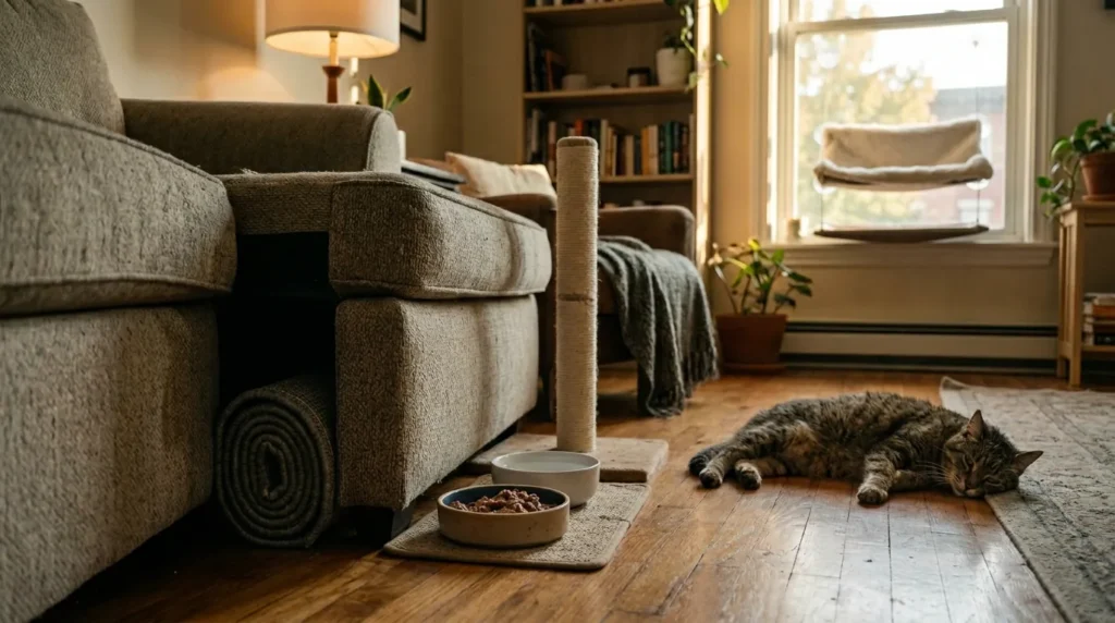 do indoor cats get depressed signs — tabby hiding behind sofa with untouched food bowl empty window perch and unkempt coat in apartment