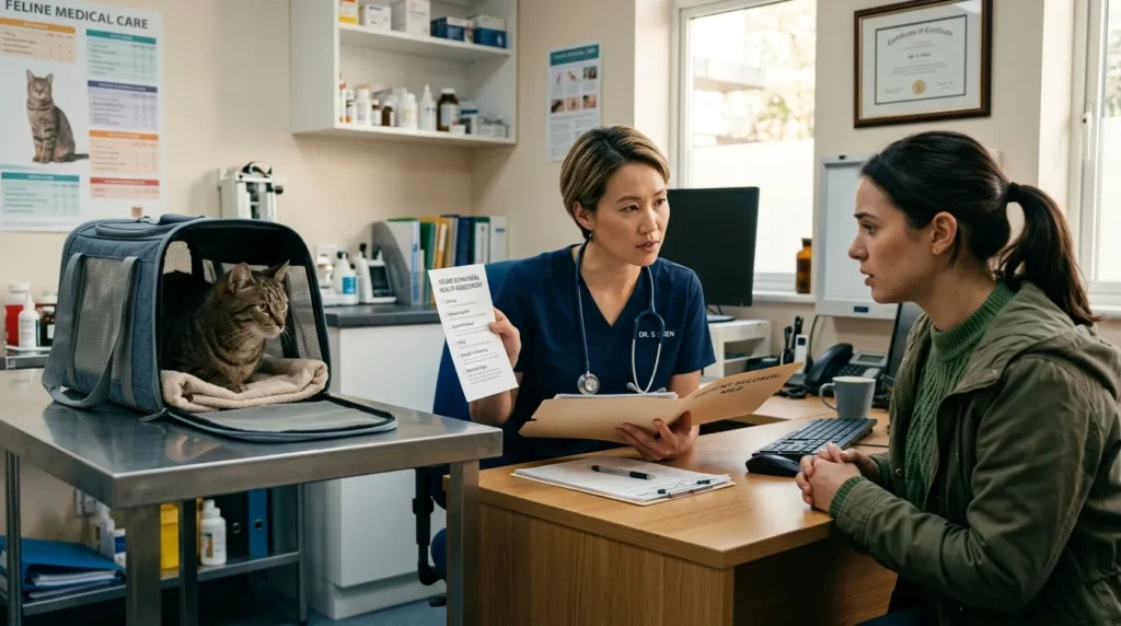 do indoor cats get depressed vet and science — vet reviewing behavioral checklist with concerned owner and cat at clinic